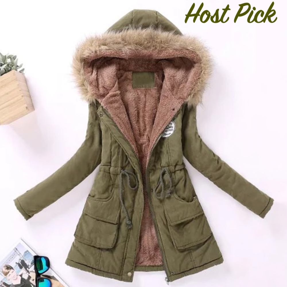 Hooded Faux Fur Drawstring Green Parka Jacket